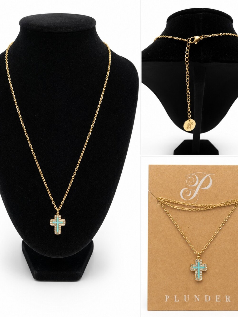 Plunder Turquoise Cross Pendant Necklace – Gold Tone Faith Jewelry